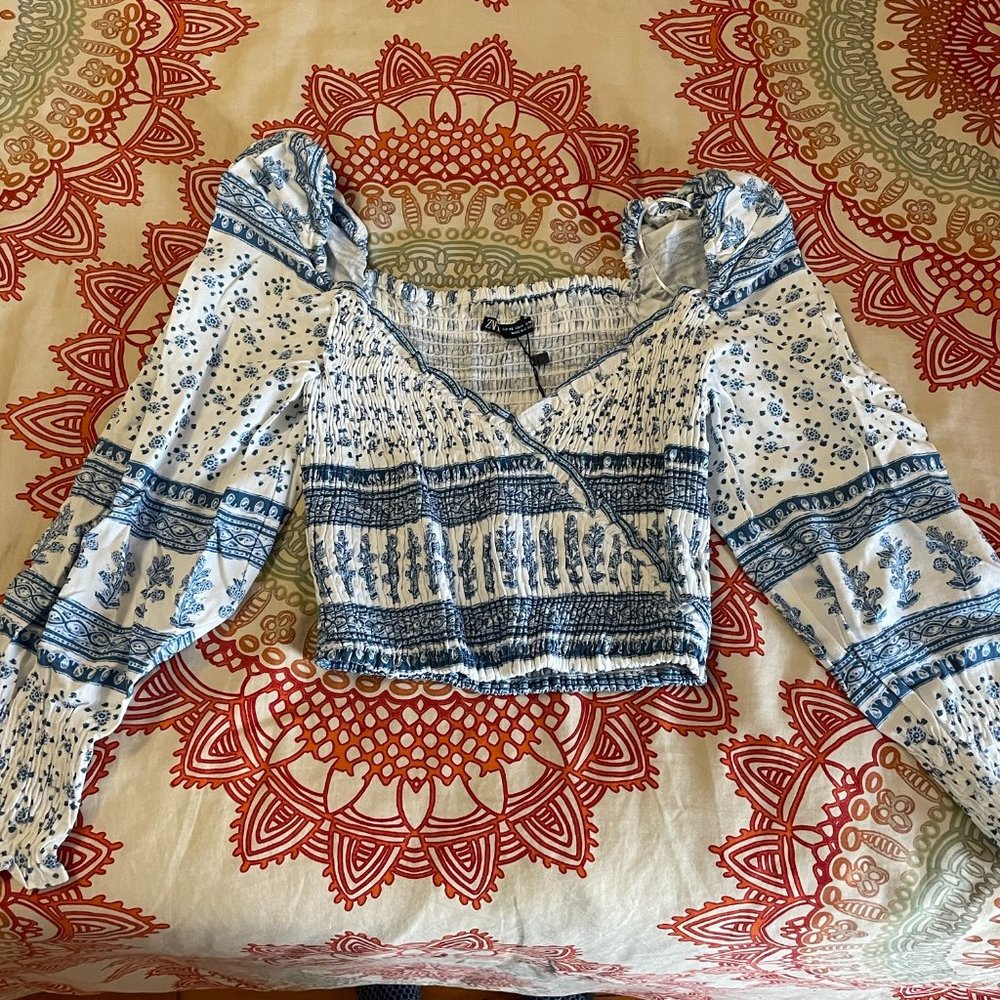 Zara Smocked Long Sleeve Blouse
